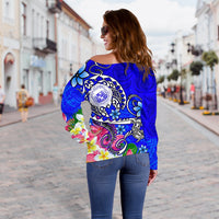 Hawaii Polynesian Women's Off Shoulder Sweater - Hawaii Seal With Turtle Plumeria (Blue) - Polynesian Pride