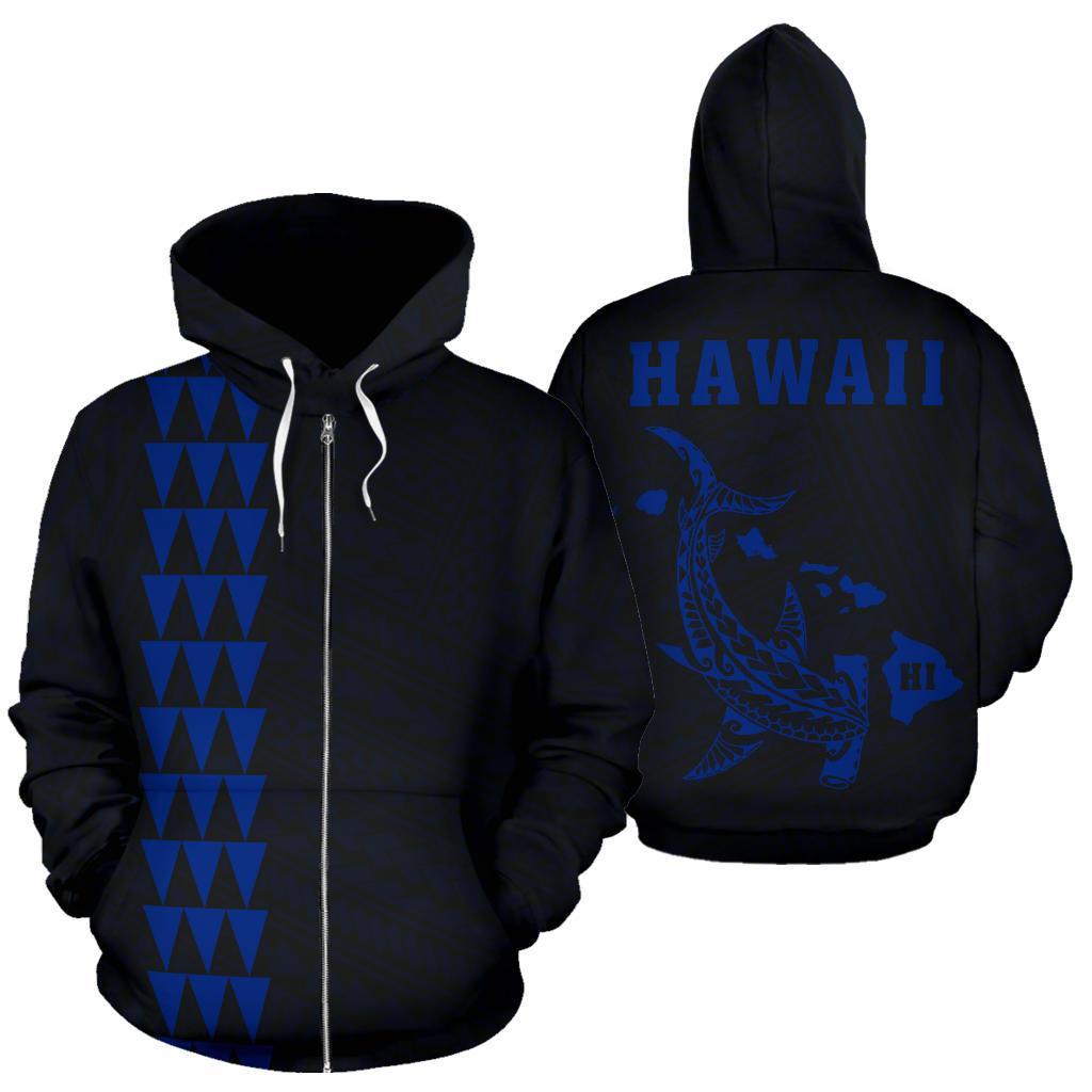 Polynesian Kakau Hammerhead Shark Map of Hawaii Zip Hoodie Blue Unisex Blue - Polynesian Pride