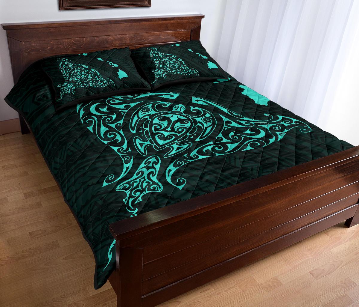 Rays Hawaii Map Polynesian Quilt Bed Set - Turquoise - Polynesian Pride