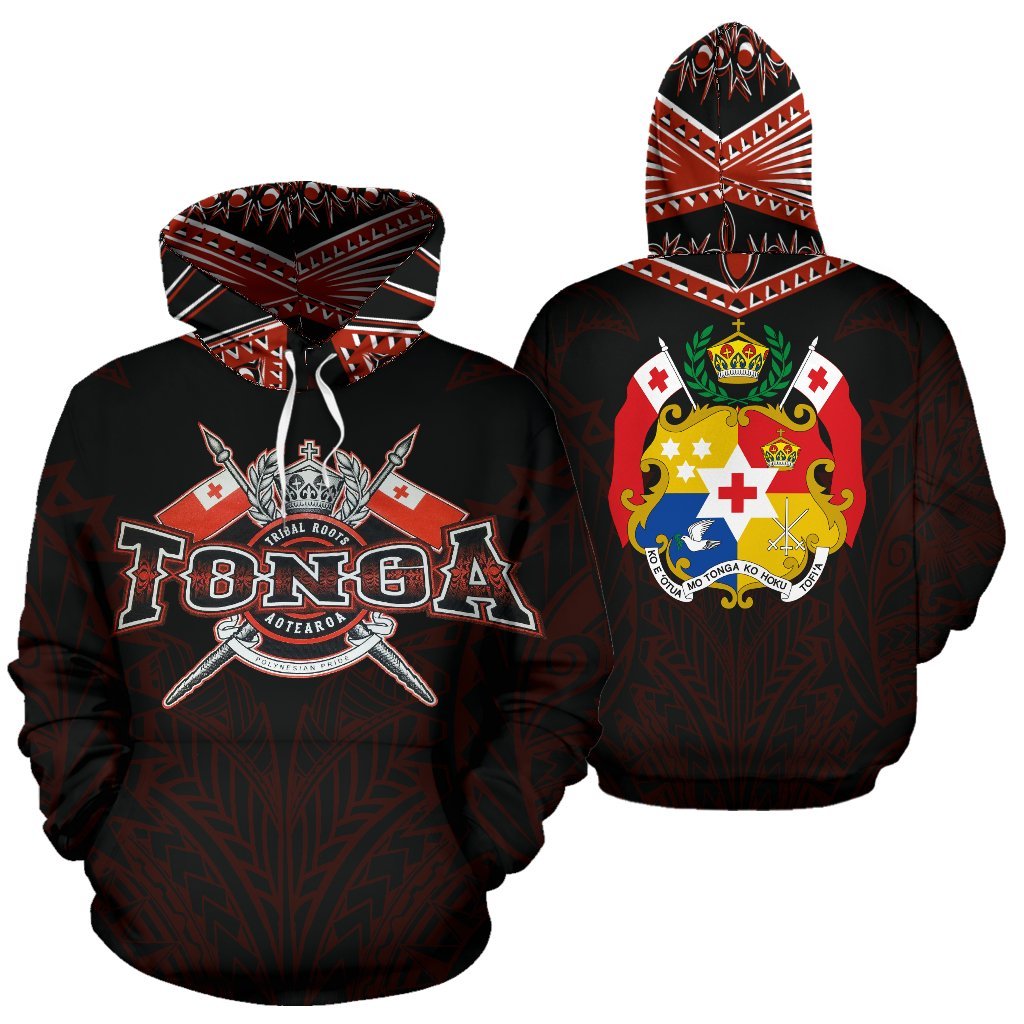 Tonga All Over Hoodie Tonga Flag COat of Arms Tribal Roots Black Unisex Black - Polynesian Pride