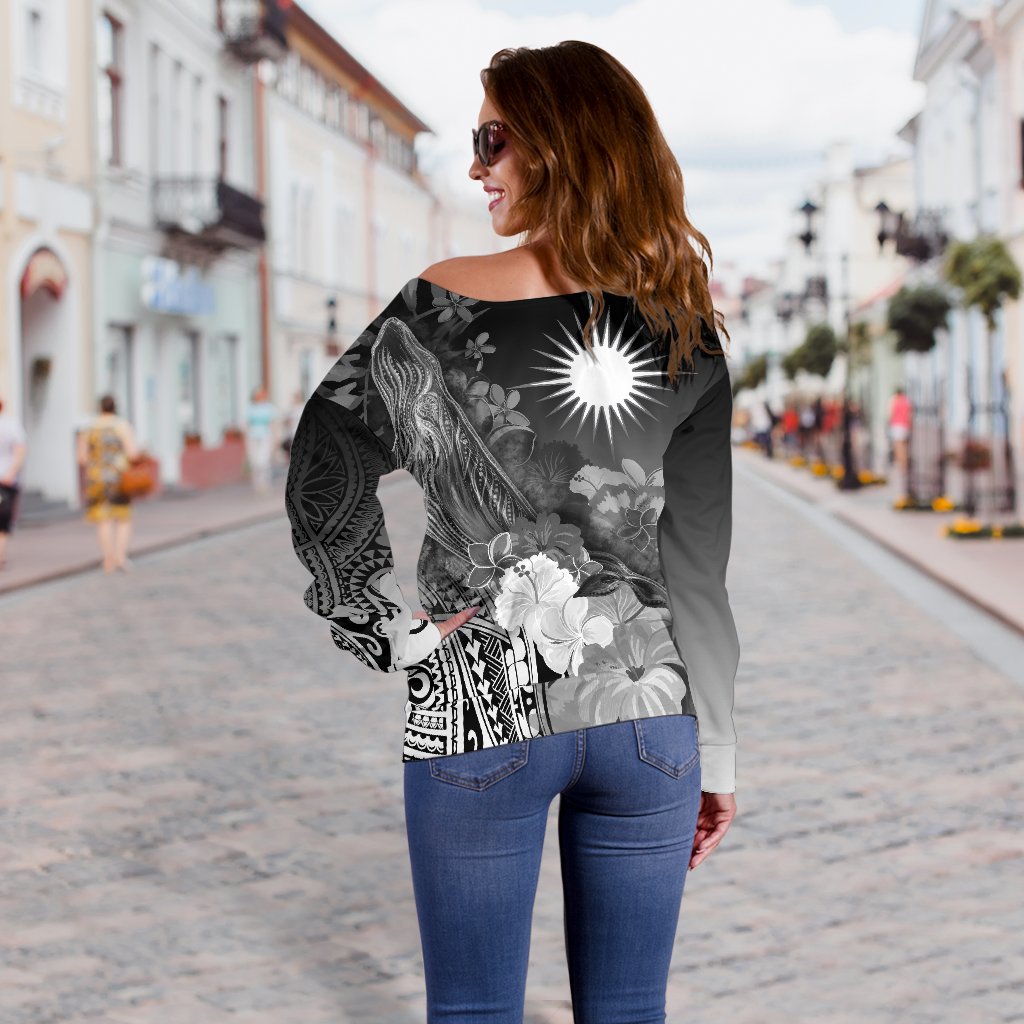 Marshall Islands Women's Off Shoulder Sweater - Humpback Whale with Tropical Flowers (White) - Polynesian Pride