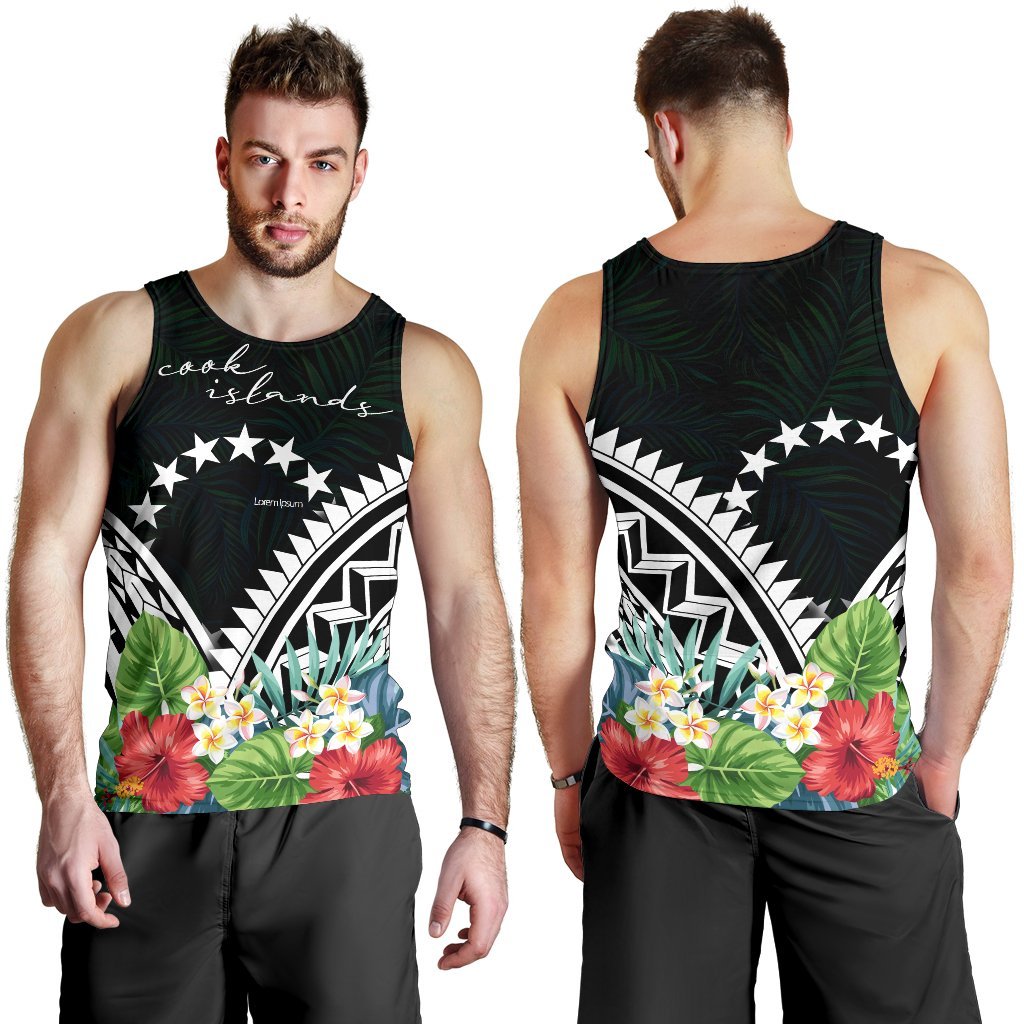 Cook Islands Men's Tank Top - Cook Islands Coat of Arms & Polynesian Tropical Flowers White - Polynesian Pride