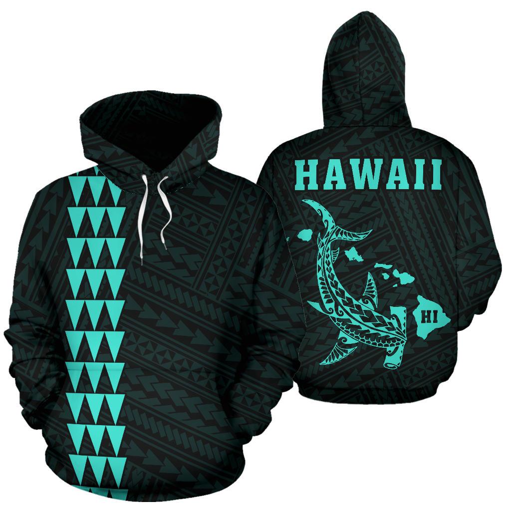 Polynesian Kakau Hammerhead Shark Map of Hawaii Hoodie Turquoise Unisex Turquosie - Polynesian Pride