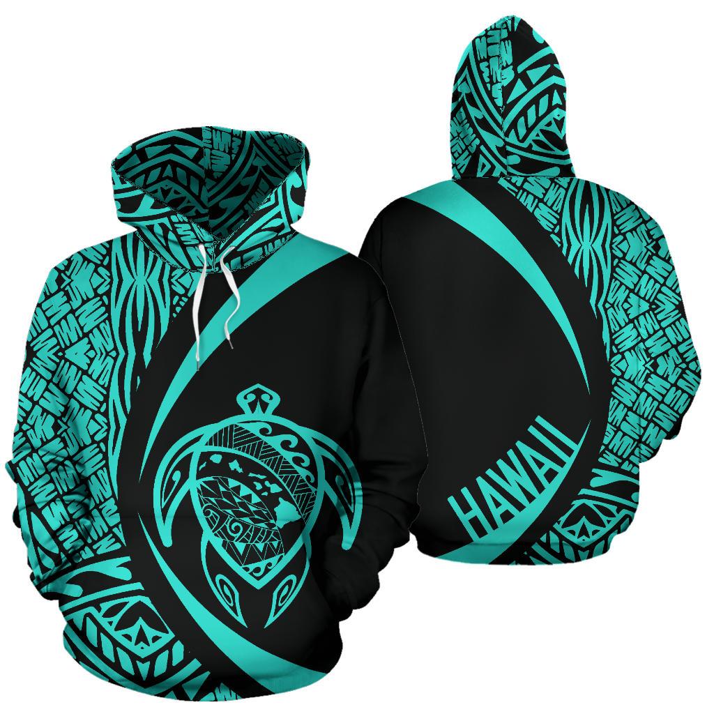 Polynesian Turtle Map of Hawaii Hoodie Turquoise Circle Style Unisex Blue - Polynesian Pride