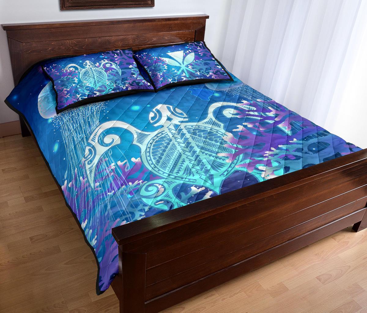 Hawaii Turtle Jellyfish Coral Galaxy Quilt Bed Set - Polynesian Pride