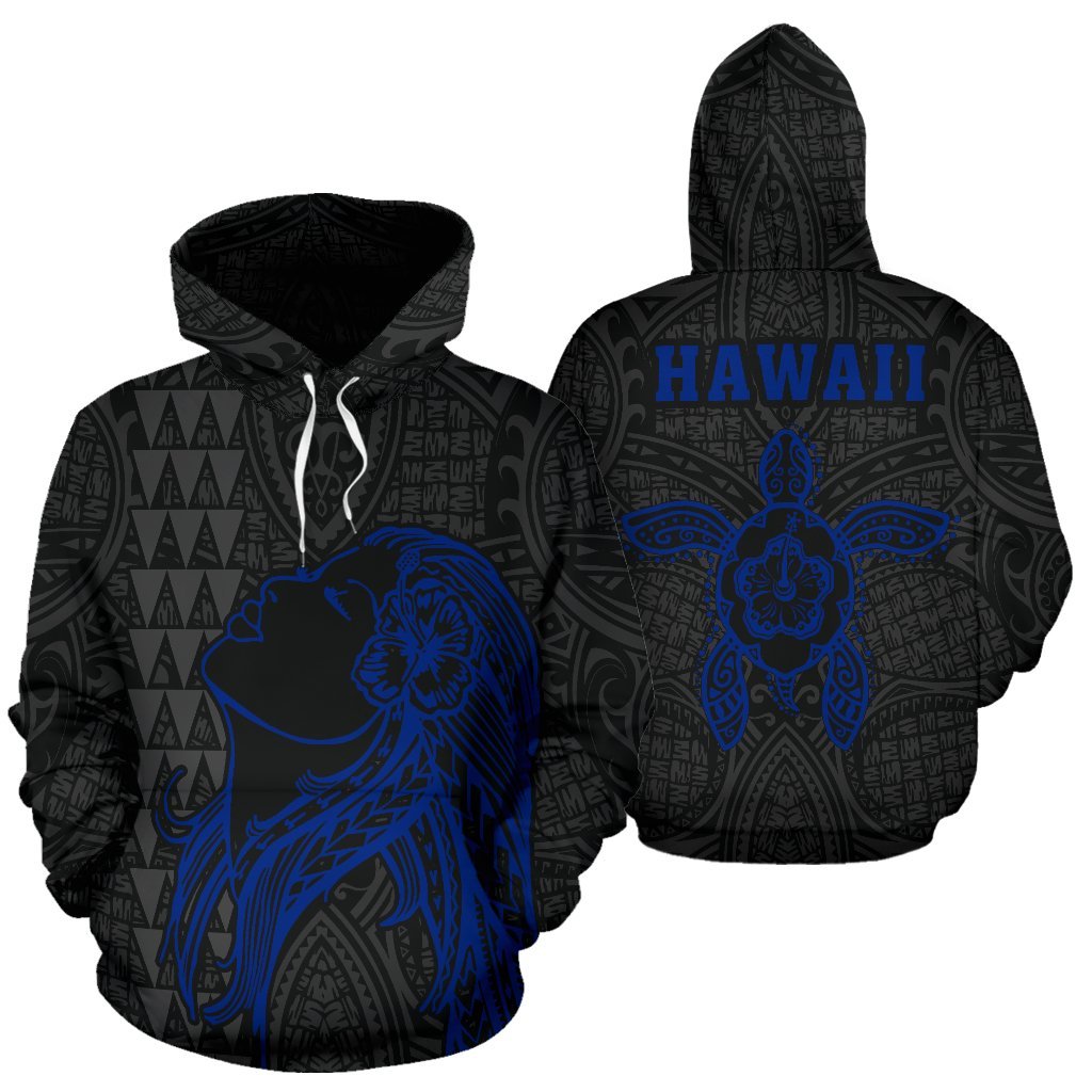 Polynesian Kakau Hula Girl Turtle Hibiscus Hawaii Hoodie Blue Unisex Blue - Polynesian Pride