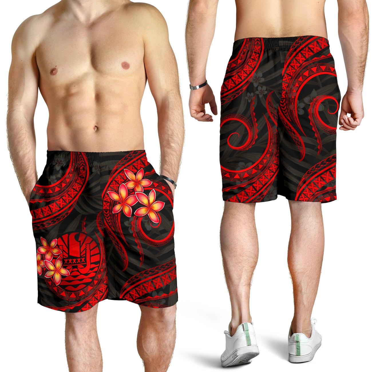 Tahiti Polynesian Men Shorts - Red Plumeria RED - Polynesian Pride