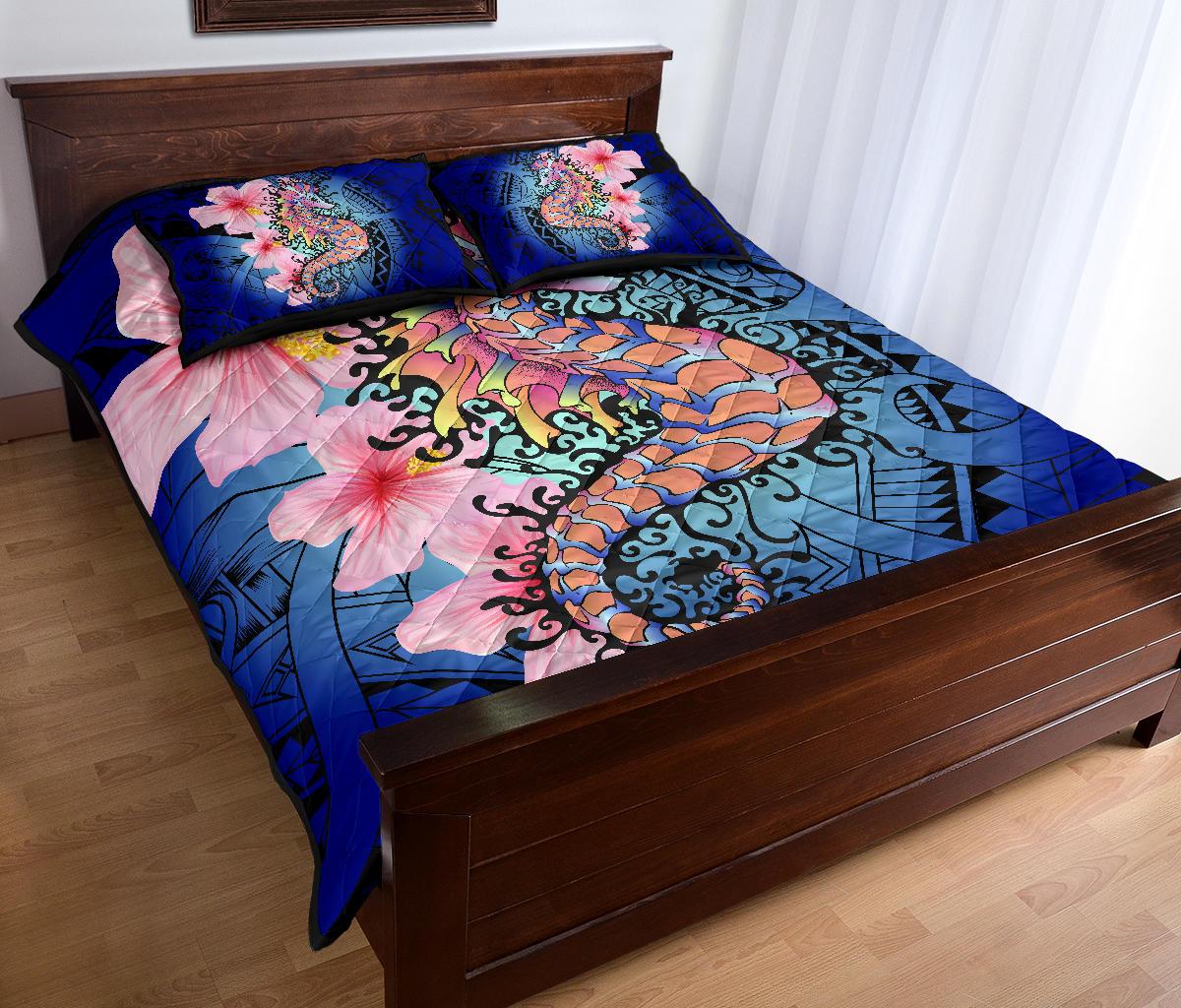 Hawaii Polynesian Pink Hibiscus Seahorse Quilt Bed Set - Polynesian Pride