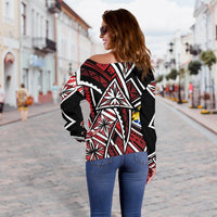 Tonga Women's Off Shoulder Sweaters - Tribal Flower Special Pattern Red Color - Polynesian Pride
