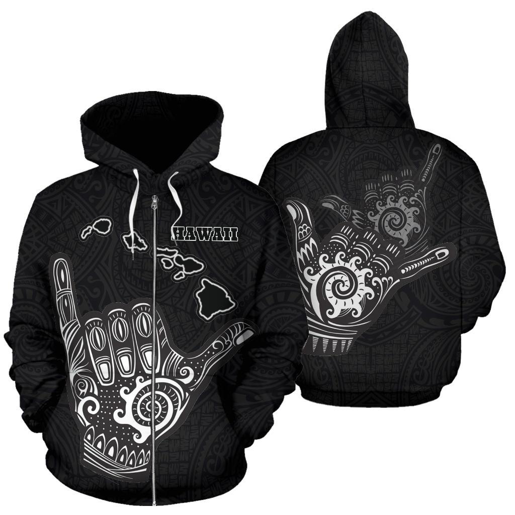 Hawaii All Over Zip up Hoodie Polynesian Shaka Hawaii Map Black Unisex Black - Polynesian Pride