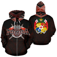 Tonga Zip up Hoodie Tonga Flag Coat of Arms Tribal Roots Red Unisex Black - Polynesian Pride