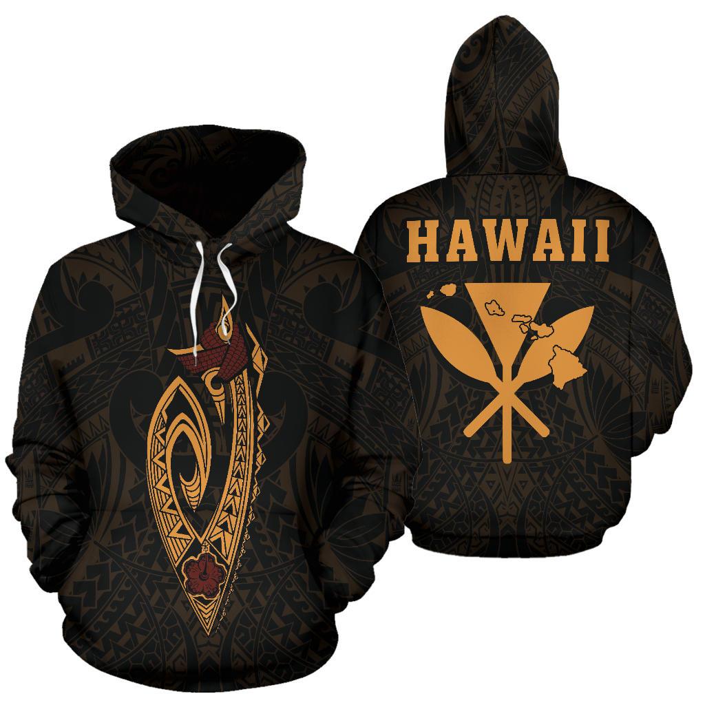 Polynesian Fish Hook Kanaka Map of Hawaii Hoodie Unisex Gold - Polynesian Pride