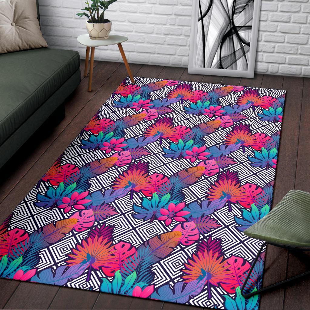 Tropical Exotic Leaves And Flowers On Geometrical Ornament. Rug - Polynesian Pride