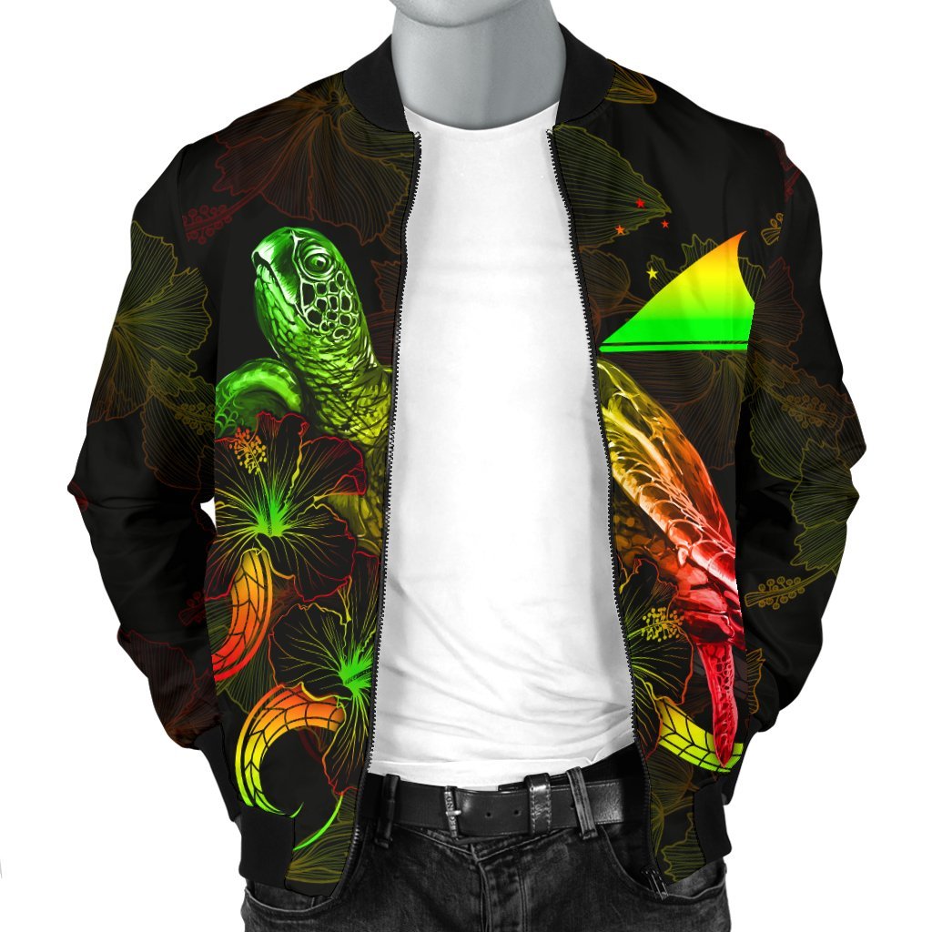 Tokelau Polynesian Men's Bomber Jacket - Turtle With Blooming Hibiscus Reggae - Polynesian Pride