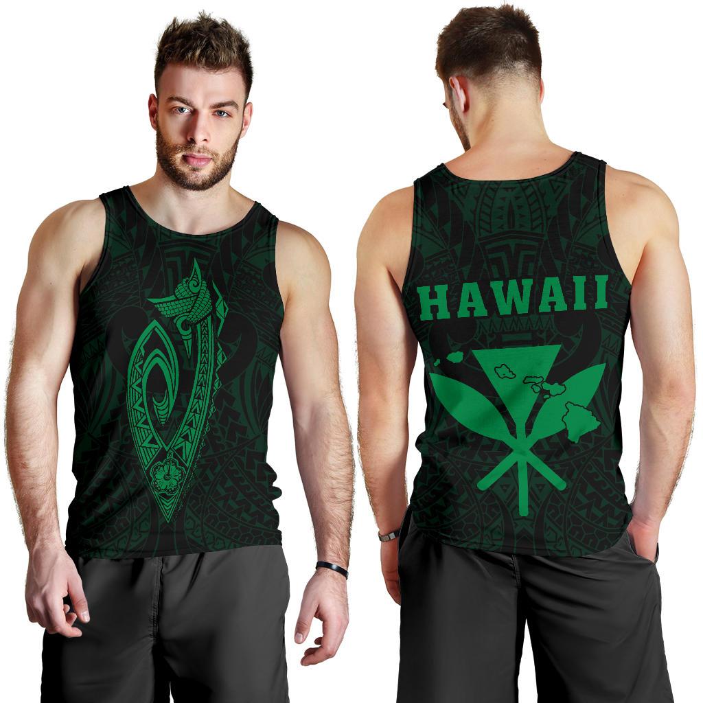 Hawaii Kakau Makau Fish Hook Kanaka Map Men's Tank Top Polynesian - Green Green - Polynesian Pride