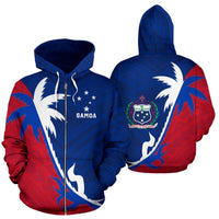 Samoa Zip up Hoodie Samoa Flag Coat of Arms Coconut Tree Unisex Blue - Polynesian Pride