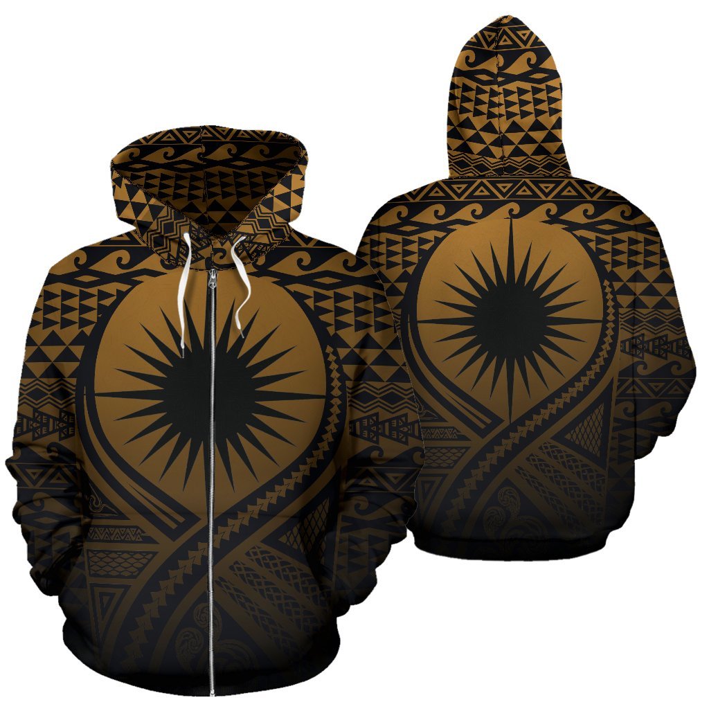Marshall Islands All Over Zip up Hoodie Lift up Gold Unisex Gold - Polynesian Pride