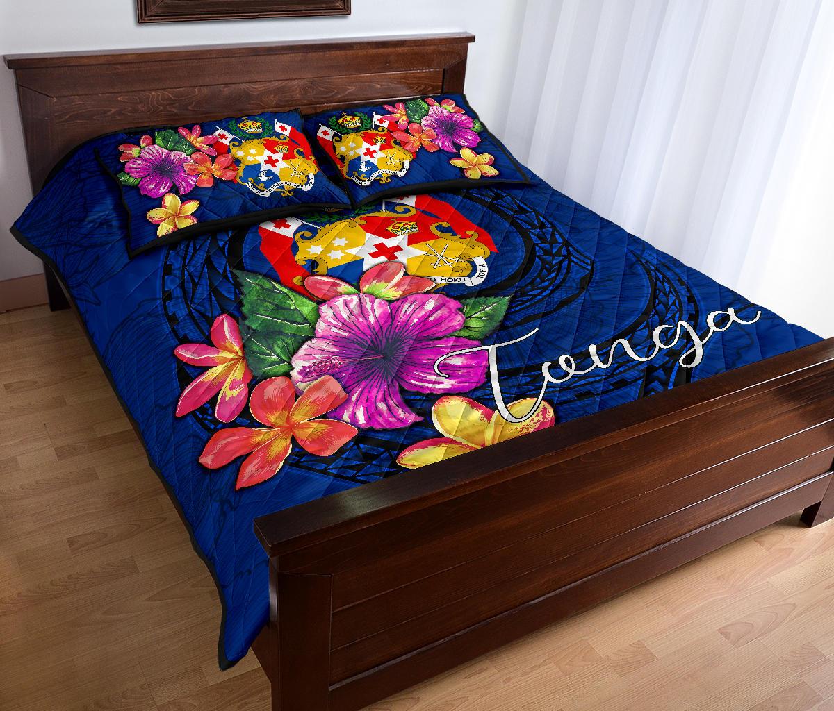 Tonga Polynesian Quilt Bed Set - Floral With Seal Blue - Polynesian Pride