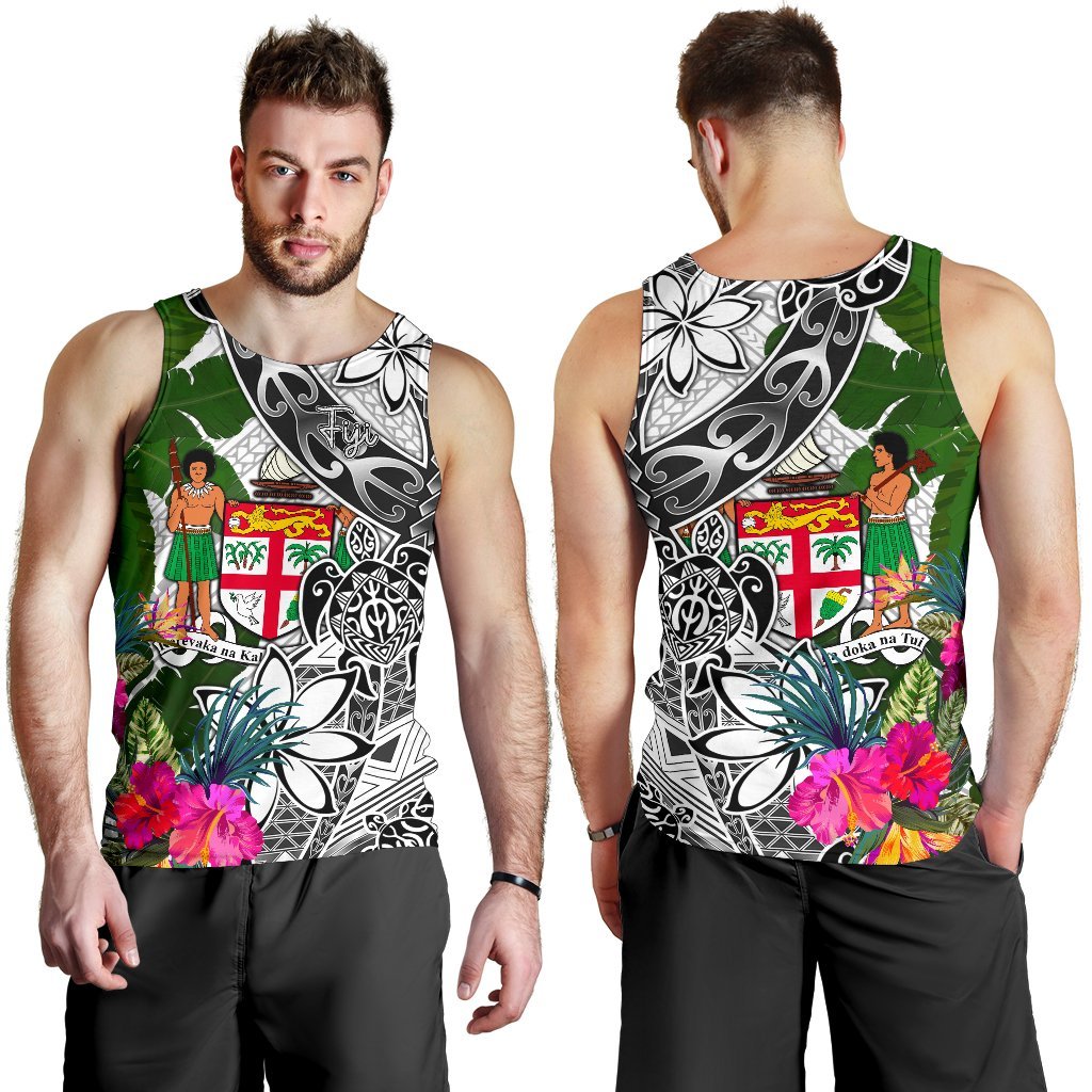Fiji Men's Tank Top White - Turtle Plumeria Banana Leaf Crest - Polynesian Pride