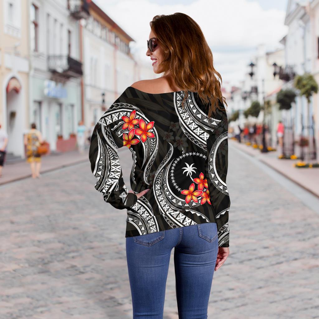 Chuuk Micronesian Women Off Shoulder Sweater - Black Plumeria - Polynesian Pride