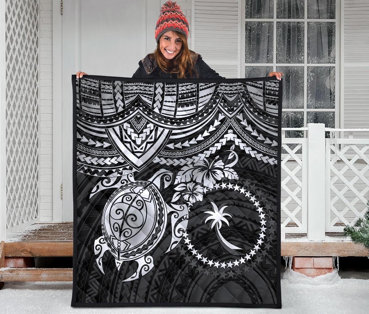 Chuuk Polynesian Premium Quilt - Chuuk Flag & White Turtle Hibiscus - Polynesian Pride