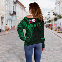 Hawaii Kanaka Polynesian Women's Off Shoulder Sweater - Green - Polynesian Pride