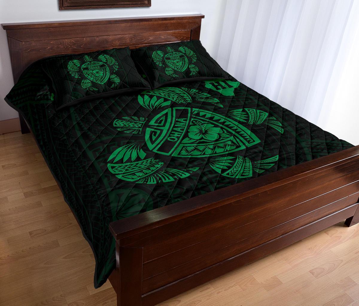 Hawaii Turtle Hibicus Map Quilt Bed Set - Green - Polynesian Pride