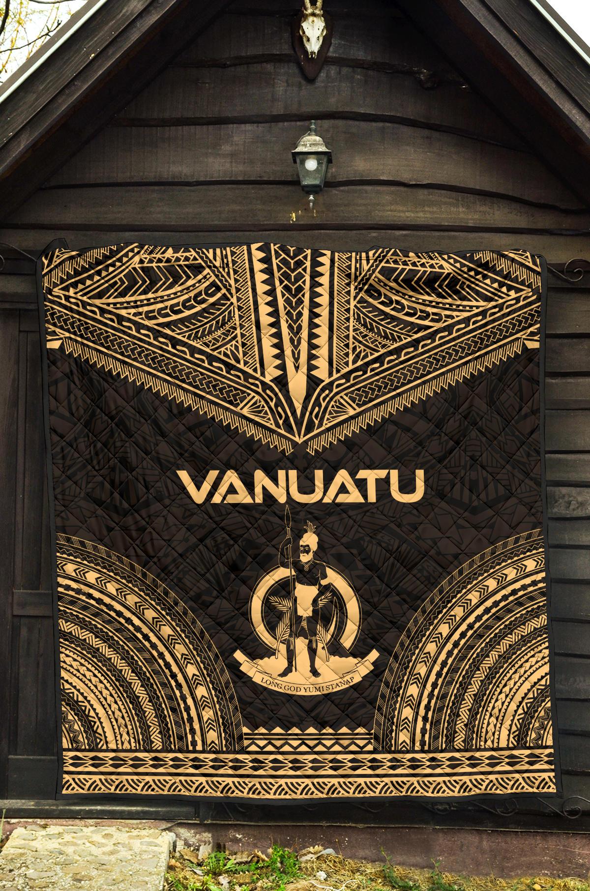 Vanuatu Premium Quilt - Vanuatu Coat Of Arms Polynesian Chief Gold Version - Polynesian Pride