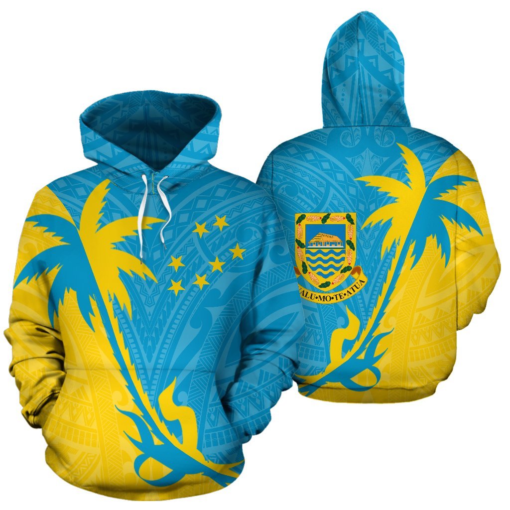 Tuvalu Hoodie Tuvalu Flag Coat of Arms Coconut Tree Unisex Yellow & Blue - Polynesian Pride