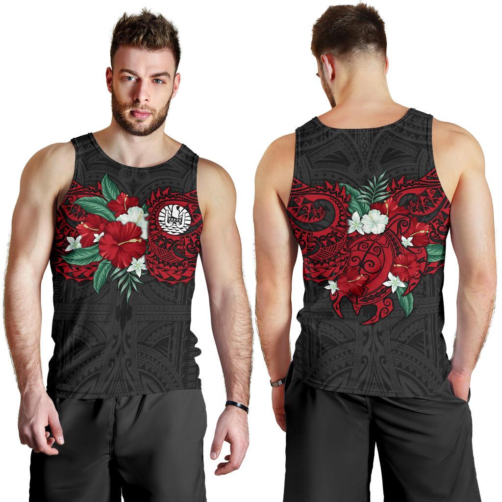 Tahiti Polynesian Men's Tank Top - Hibiscus and Sea Turtle (Red) - Polynesian Pride