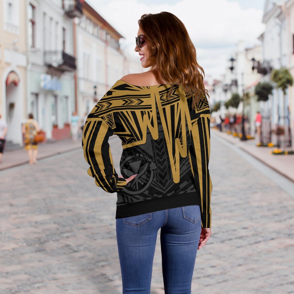 Hawaii Women's Off Shoulder - Kanaka Maoli With Polynesian Pattern In Heartbeat Style (Gold) - Polynesian Pride