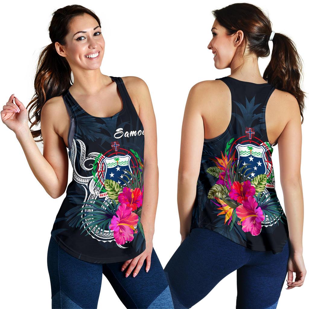 Samoa Polynesian Women's Racerback Tank - Tropical Flowers Black - Polynesian Pride