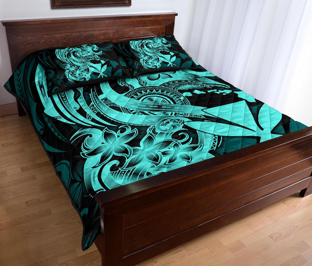Hawaii Polynesian Quilt Bed Set - Blue Kanaka Maoli Tentacle Plumeria - Polynesian Pride