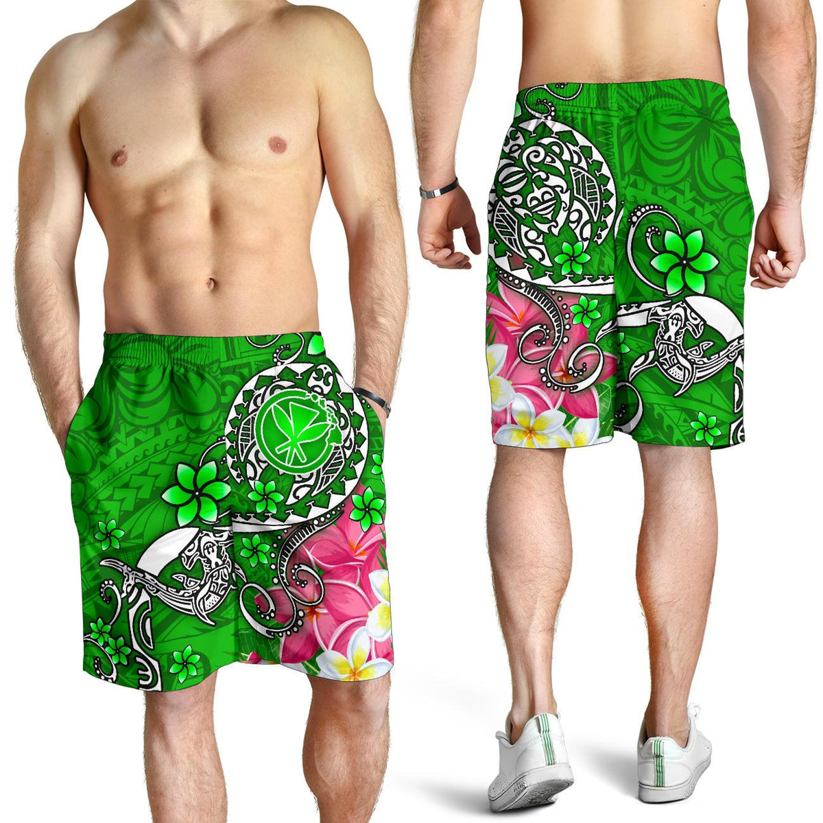 Hawaii Men's Shorts - Turtle Plumeria Polynesian Tattoo Green Color - Polynesian Pride