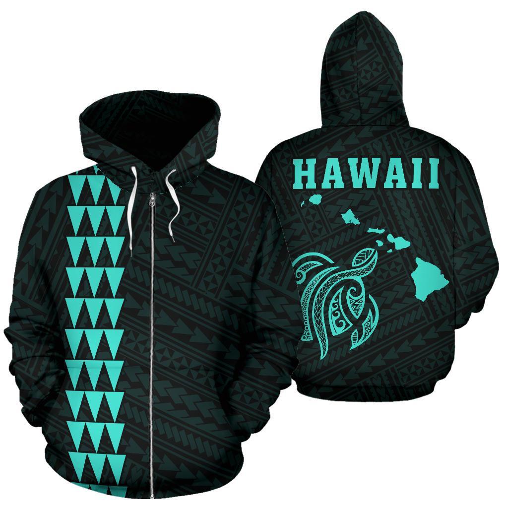 Polynesian Kakau Turtle Map of Hawaii Zip Hoodie Turquoise Unisex Turquoise - Polynesian Pride
