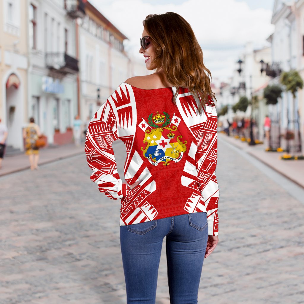 Tonga Women's Off Shoulder Sweater - Polynesian Tattoo Flag - Polynesian Pride