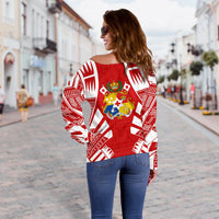 Tonga Women's Off Shoulder Sweater - Polynesian Tattoo Flag - Polynesian Pride