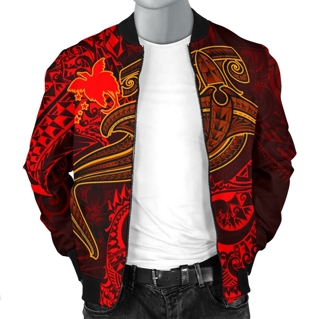 Papua New Guinea Men's Bomber Jacket - Red Shark Polynesian Tattoo - Polynesian Pride