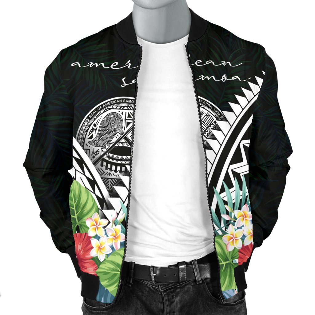 American Samoa Men's Bomber Jacket - Yap Coat of Arms & Polynesian Tropical Flowers White - Polynesian Pride