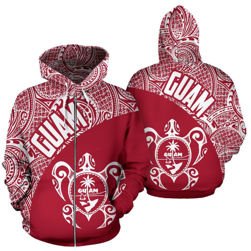 Guam Zip up Hoodie Guam Coat of Arm In Turtle Polynesian Tattoo Red White Unisex Black - Polynesian Pride