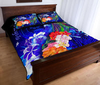 Pohnpei Quilt Bed Set - Humpback Whale with Tropical Flowers (Blue) - Polynesian Pride