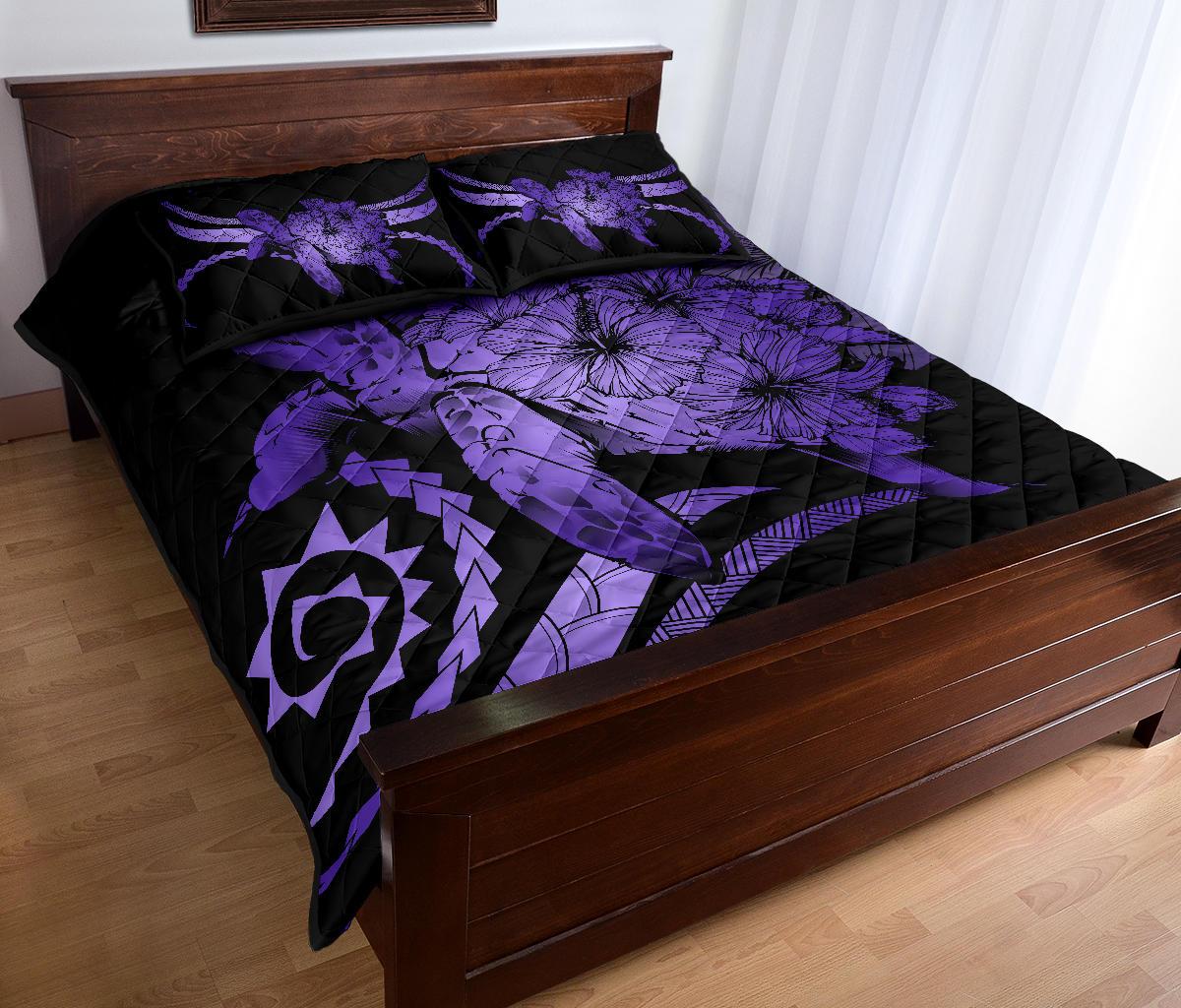 Hawaii Turtle Hibiscus Polynesian Vintage Quilt Bed Set - Purple - Polynesian Pride