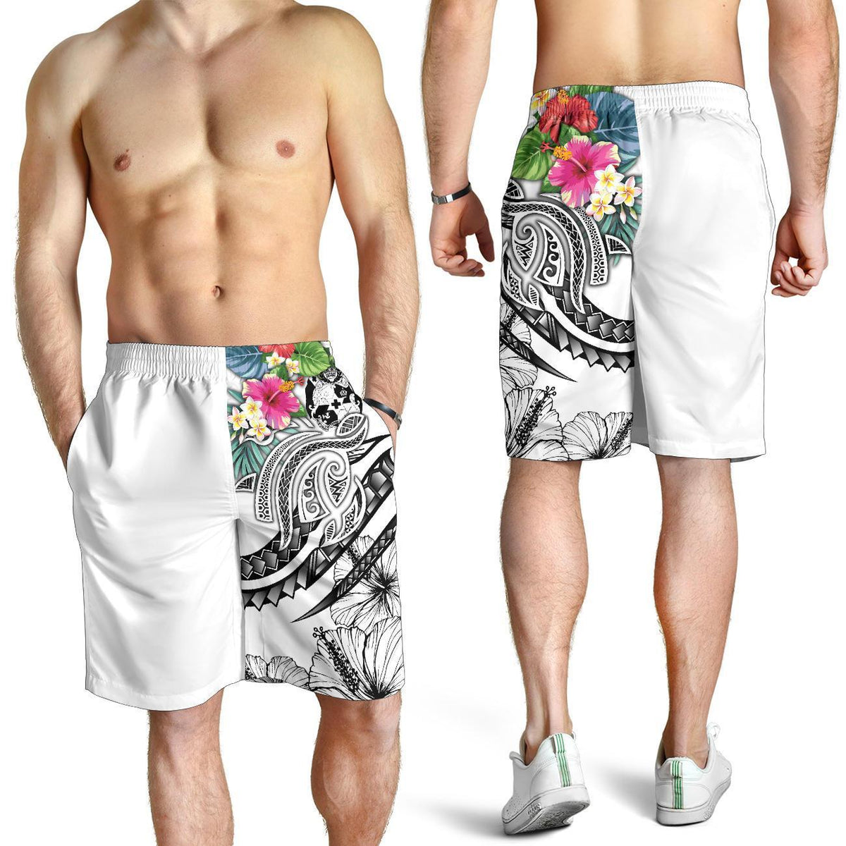Tonga Polynesian Men's Shorts - Summer Plumeria (White) - Polynesian Pride
