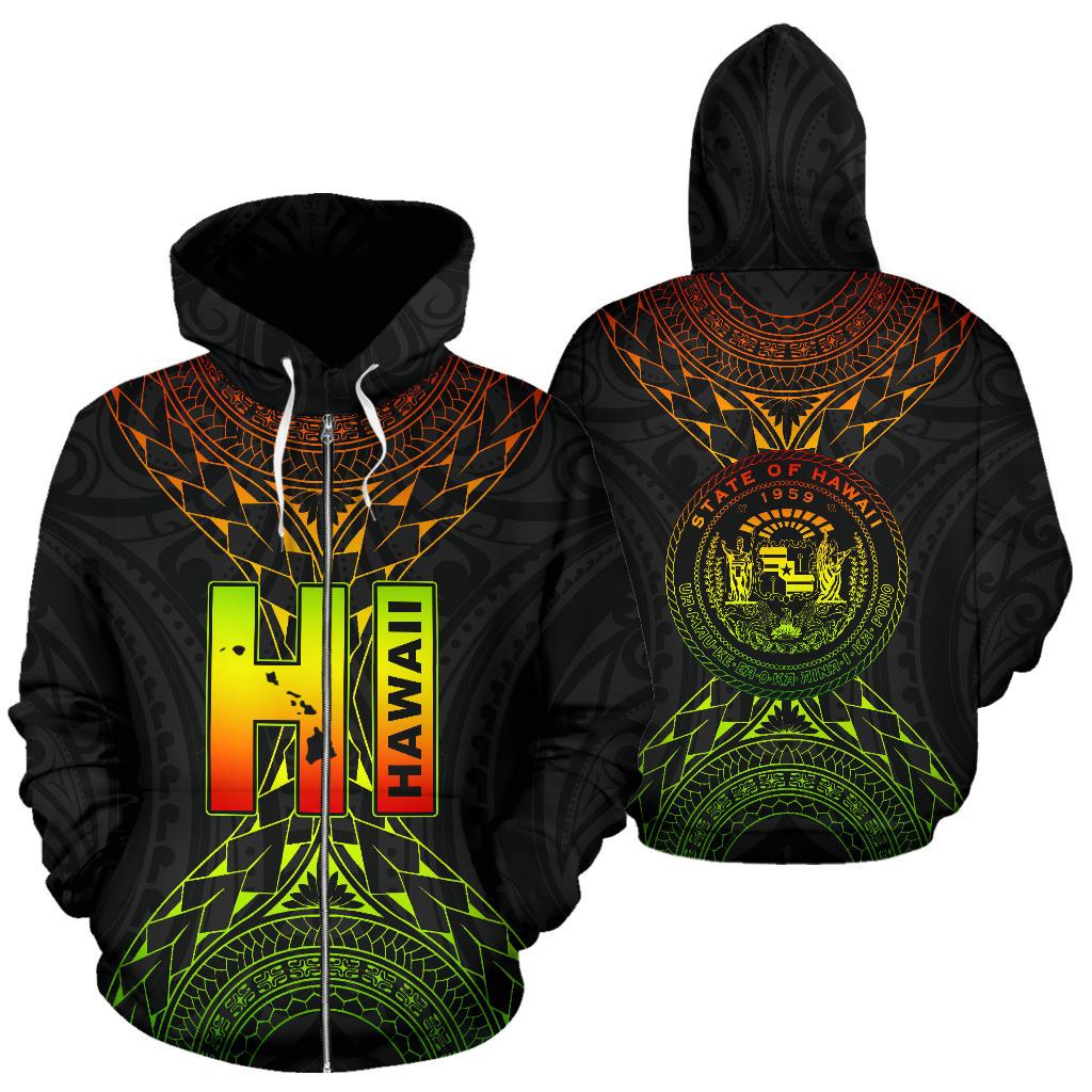 Hawaii Map Polynesian All Over Zip up Hoodie Unisex Black - Polynesian Pride