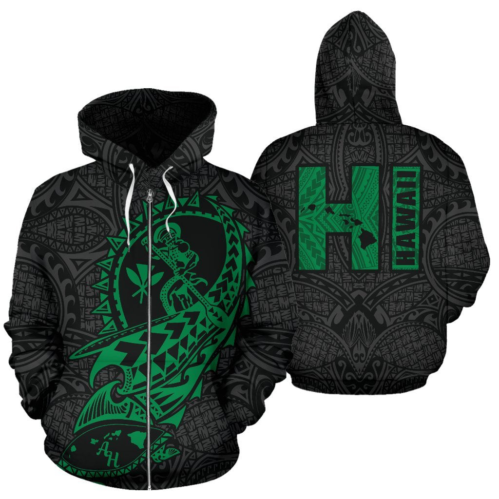 Polynesian Suffer Kanaka Warrior Hawaii Zip Hoodie Green Unisex Green - Polynesian Pride