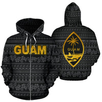 Guam Polynesian Zip up Hoodie Guaman Latte Stone Pattern Black Unisex Black - Polynesian Pride