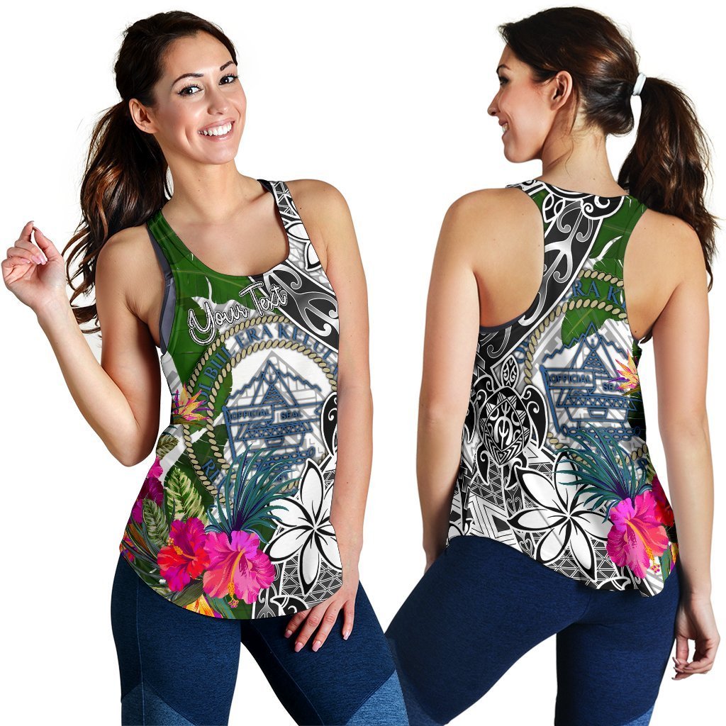 Palau Custom Personalised Women's Racerback Tank White - Turtle Plumeria Banana Leaf Crest - Polynesian Pride