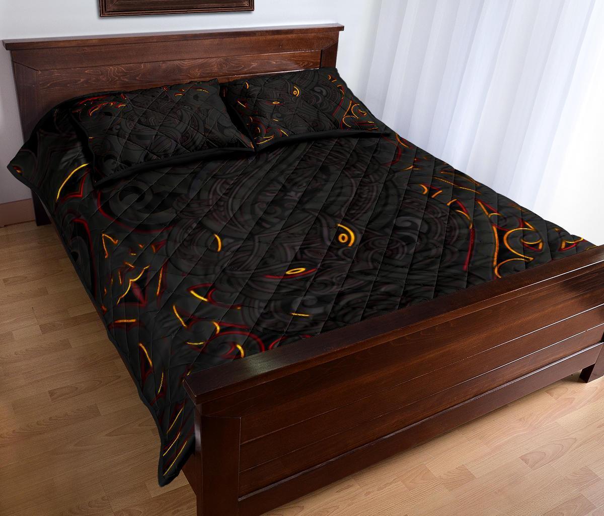 New Zealand Quilt Bed Set, Maori Gods Quilt And Pillow Cover Tumatauenga (God Of War) - Black - Polynesian Pride
