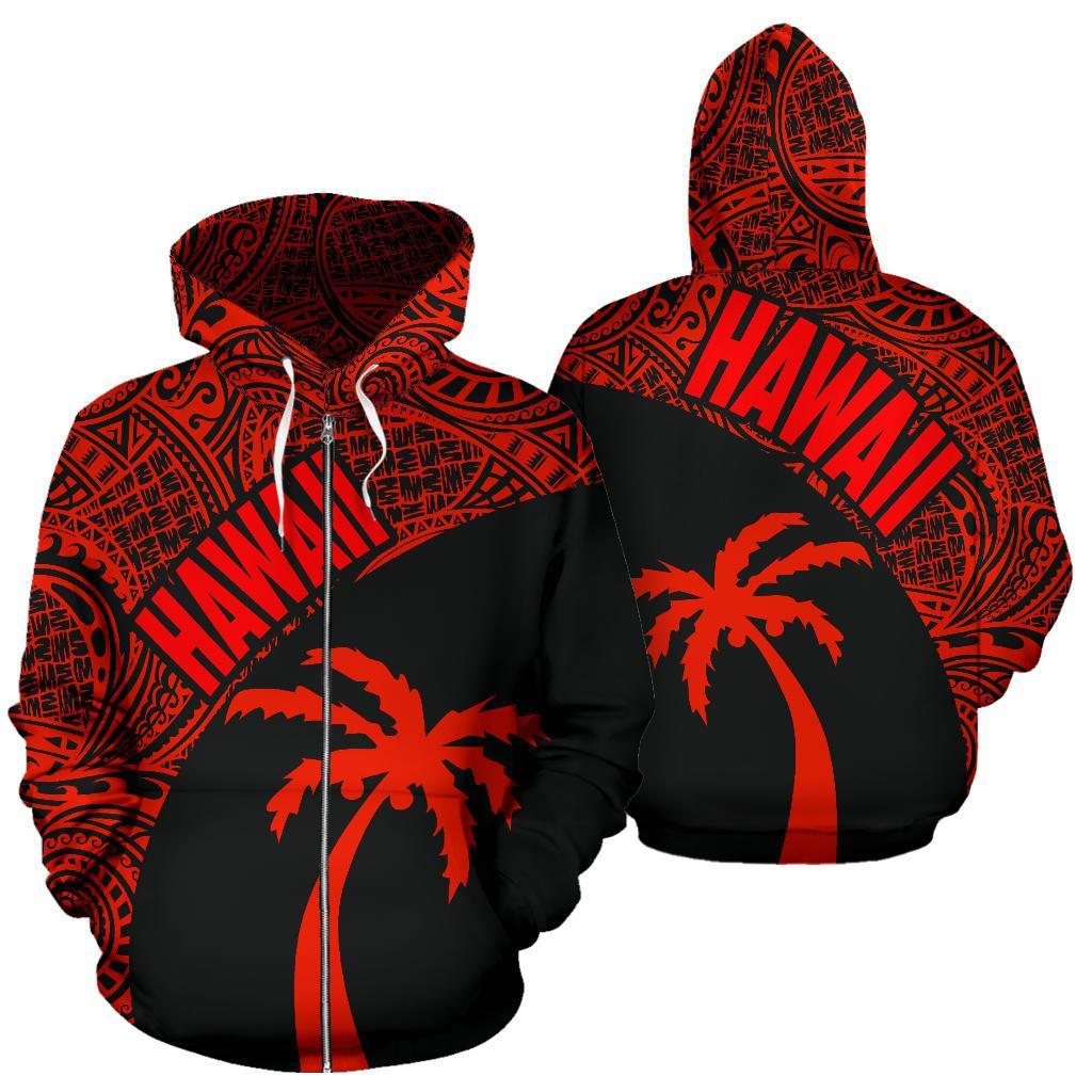 Hawaii Zip up Hoodie Hawaii Coconut Tree Polynesian Tattoo Red Version Unisex Black - Polynesian Pride