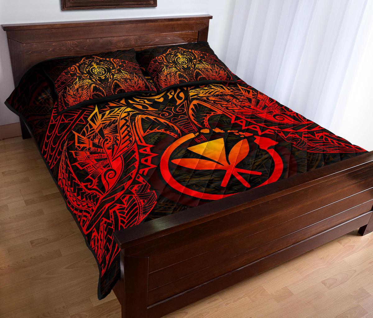 Hawaii Polynesian Quilt Bed Set - Hawaii Red Kanaka Maoli Turtle Manta Ray - Polynesian Pride